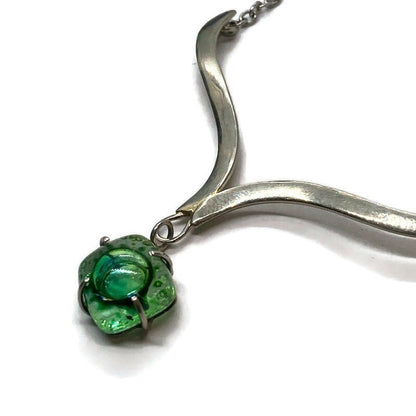 Delicate Recycled Glass green with bubbles pendant . Handmade fused necklace. Dainty glass jewelry . Unique pieces. Awesome stone