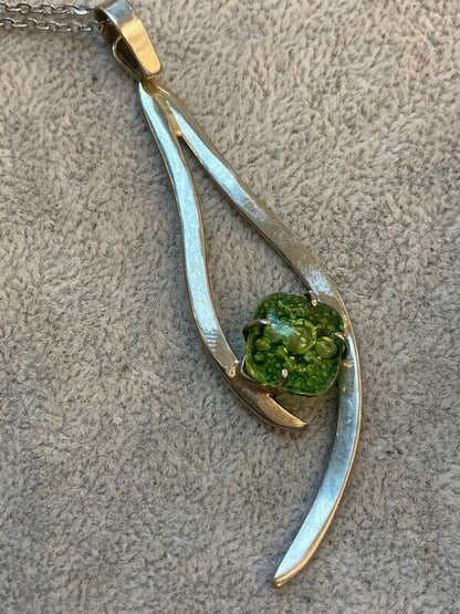Recycled Glass peridot green pendant . Handmade fused necklace. Dainty glass jewelry . Unique pieces. Awesome stone