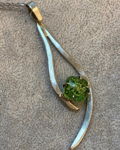 Recycled Glass peridot green pendant . Handmade fused necklace. Dainty glass jewelry . Unique pieces. Awesome stone