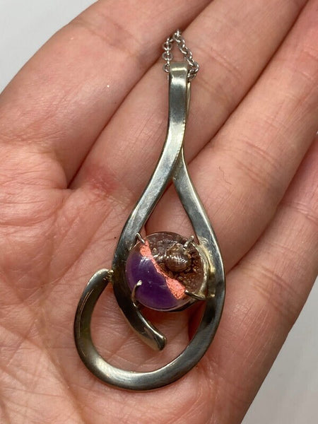 One of a kind Recycled PURPLE, COPPER.& BROWN pendant . Handmade fused necklace. Dainty glass jewelry . Unique pieces. Awesome stone