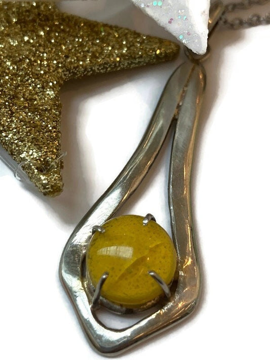 Yellow Recycled fused glass unique handcrafted pendant .