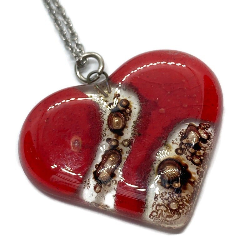 Red and caramel brown Heart shape Recycled Fused Glass Necklace limited edition. Heart pendant