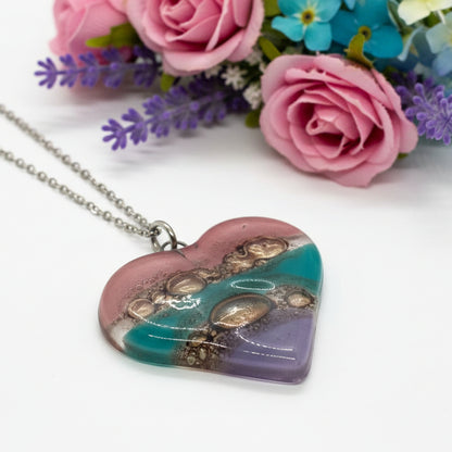 Pink, teal, brown and lilac Heart shape Recycled Fused Glass Necklace limited edition. Heart pendant