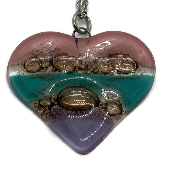 Pink, teal, brown and lilac Heart shape Recycled Fused Glass Necklace limited edition. Heart pendant