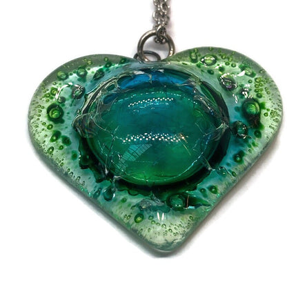 Green Heart shape Recycled Fused Glass Necklace limited edition. Heart pendant