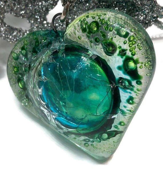 Green Heart shape Recycled Fused Glass Necklace limited edition. Heart pendant
