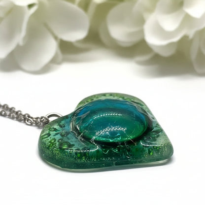 Green Heart shape Recycled Fused Glass Necklace limited edition. Heart pendant