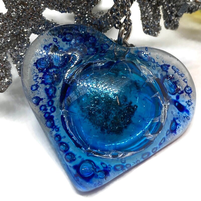 BLUE Heart shape Recycled Fused Glass Necklace limited edition. Heart pendant