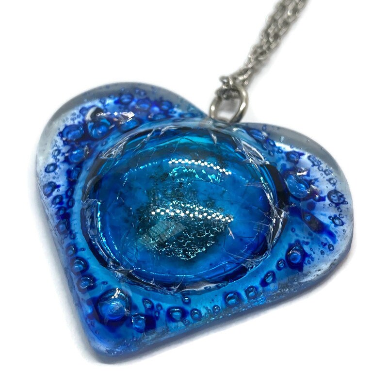 BLUE Heart shape Recycled Fused Glass Necklace limited edition. Heart pendant