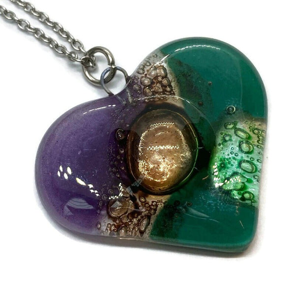 Purple, green, bubbly green and brown Heart shape Recycled Fused Glass Necklace limited edition. Heart pendant