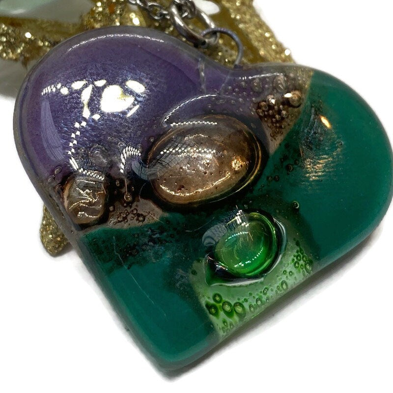 Purple, green, bubbly green and brown Heart shape Recycled Fused Glass Necklace limited edition. Heart pendant