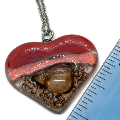 Nice color re, copper and brown Heart shape Recycled Fused Glass Necklace limited edition. Heart pendant