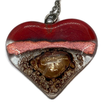 Nice color re, copper and brown Heart shape Recycled Fused Glass Necklace limited edition. Heart pendant