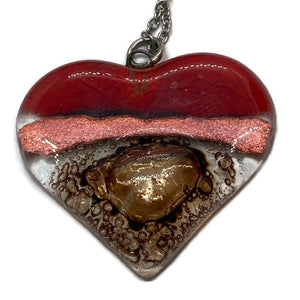 Nice color re, copper and brown Heart shape Recycled Fused Glass Necklace limited edition. Heart pendant