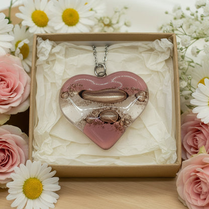 Pink,  brown and white Heart shape Recycled Fused Glass Necklace limited edition. Heart pendant