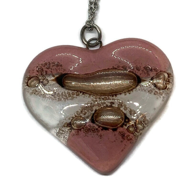 Pink,  brown and white Heart shape Recycled Fused Glass Necklace limited edition. Heart pendant