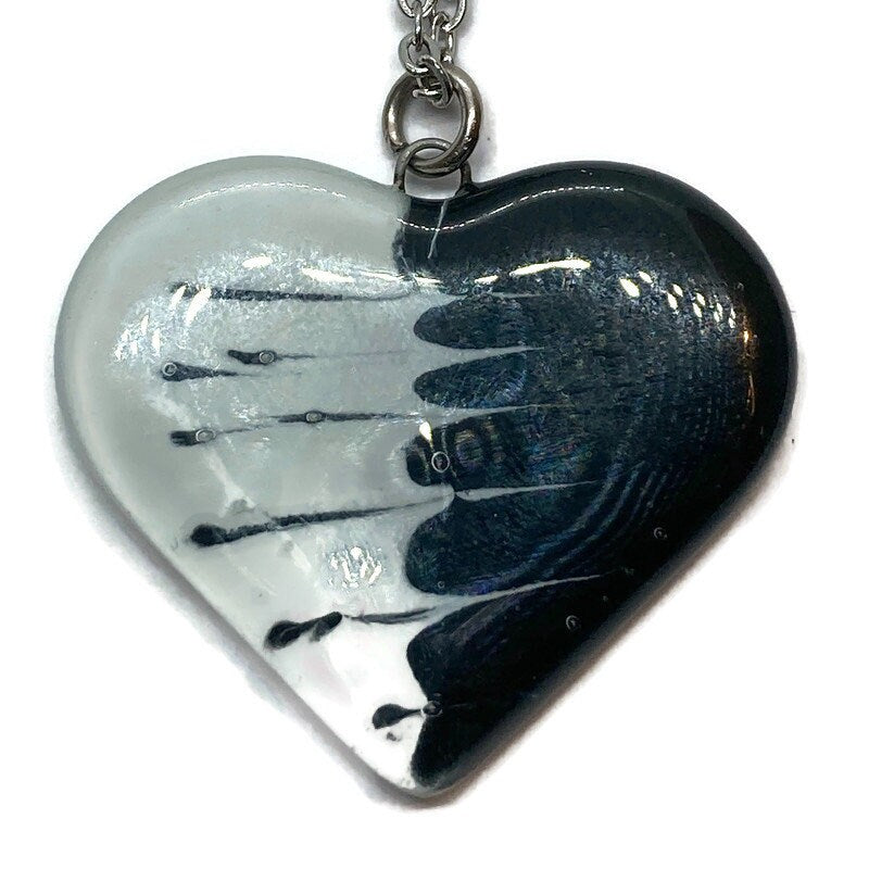 Black and white Heart shape Recycled Fused Glass Necklace limited edition. Heart pendant