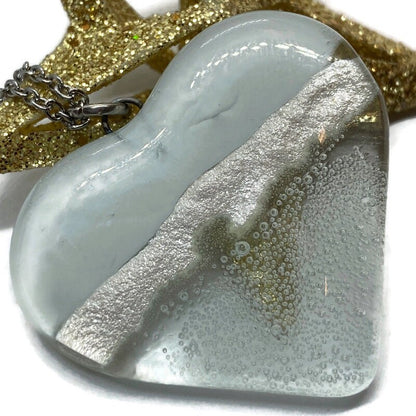 White and clear white Heart shape Recycled Fused Glass Necklace limited edition. Heart pendant
