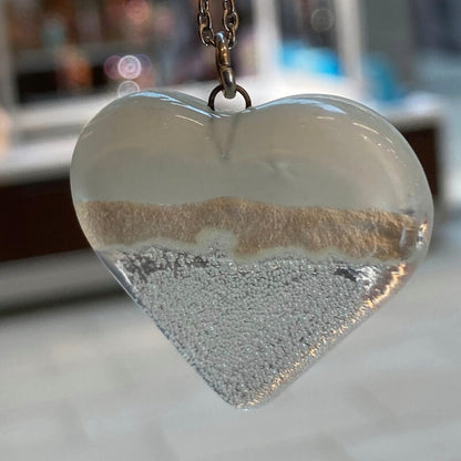 White and clear white Heart shape Recycled Fused Glass Necklace limited edition. Heart pendant