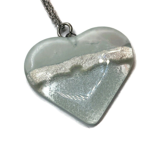 White and clear white Heart shape Recycled Fused Glass Necklace limited edition. Heart pendant