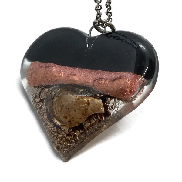 Black, copper and brown Heart shape Recycled Fused Glass Necklace limited edition. Heart pendant