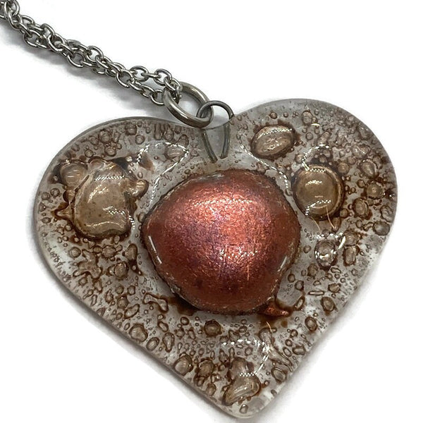 Copper and caramel brown Heart shape Recycled Fused Glass Necklace limited edition. Heart pendant