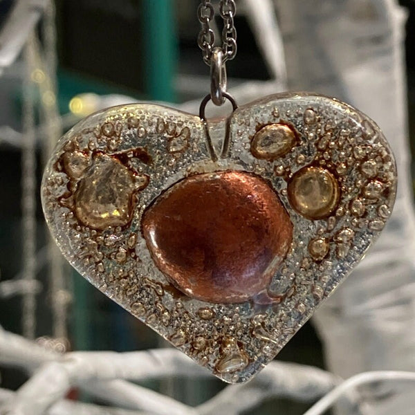 Copper and caramel brown Heart shape Recycled Fused Glass Necklace limited edition. Heart pendant