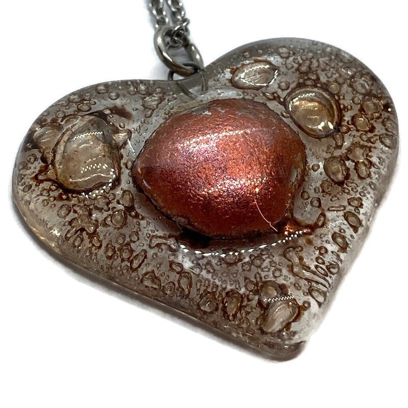 Copper and caramel brown Heart shape Recycled Fused Glass Necklace limited edition. Heart pendant