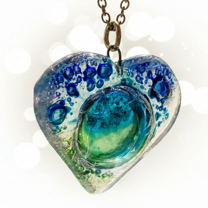 Blue Turquoise and green Heart shape Recycled Fused Glass Necklace limited edition. Heart pendant