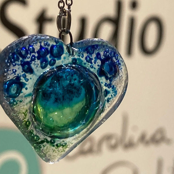 Blue Turquoise and green Heart shape Recycled Fused Glass Necklace limited edition. Heart pendant