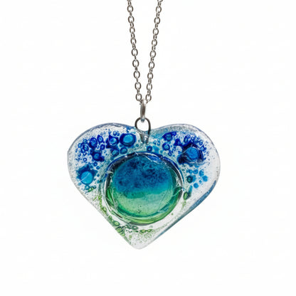 Blue Turquoise and green Heart shape Recycled Fused Glass Necklace limited edition. Heart pendant