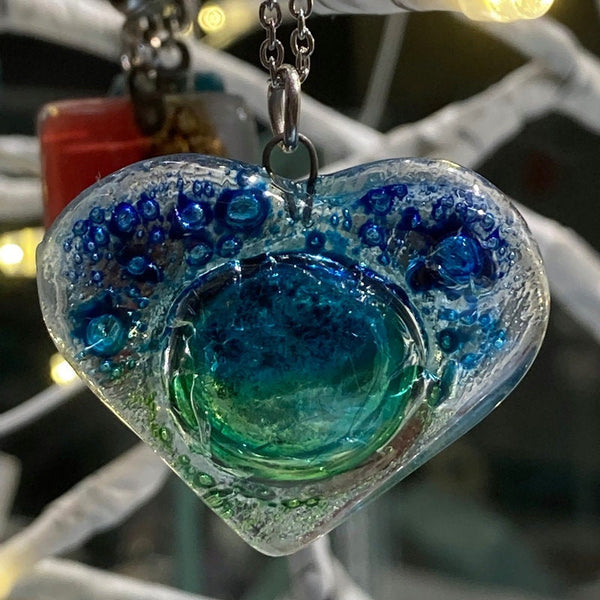 Blue Turquoise and green Heart shape Recycled Fused Glass Necklace limited edition. Heart pendant