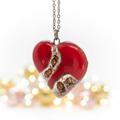 Red and caramel brown Heart shape Recycled Fused Glass Necklace limited edition. Heart pendant