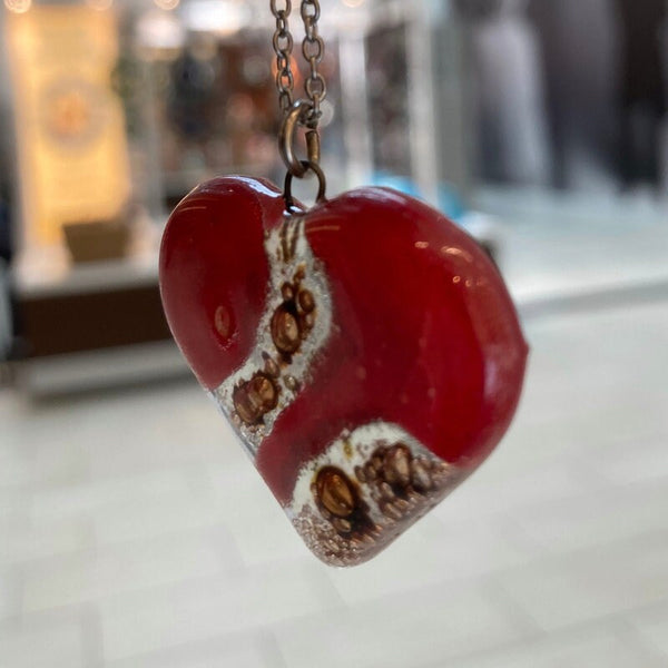 Red and caramel brown Heart shape Recycled Fused Glass Necklace limited edition. Heart pendant