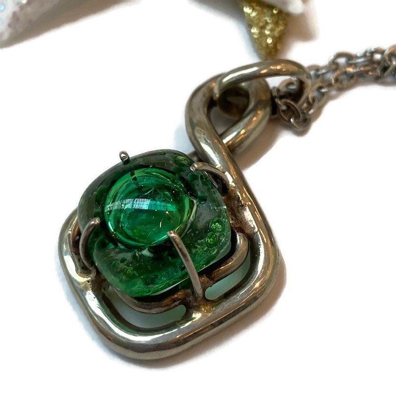 One of a kind Recycled Glass Green pendant . Handmade fused necklace. Dainty glass jewelry . Unique pieces. Awesome stone