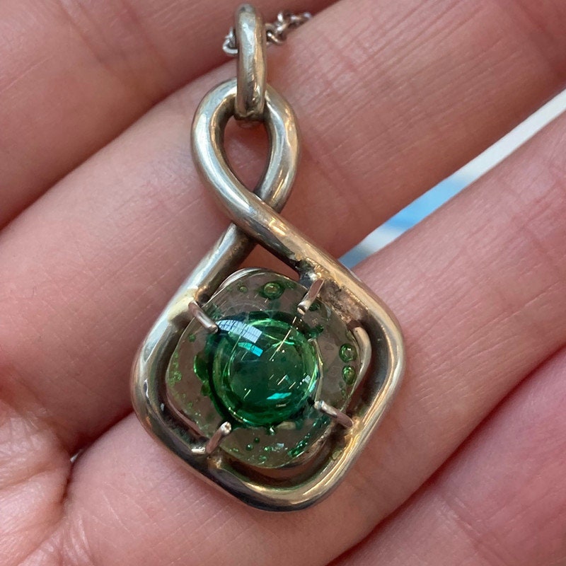 One of a kind Recycled Glass Green pendant . Handmade fused necklace. Dainty glass jewelry . Unique pieces. Awesome stone