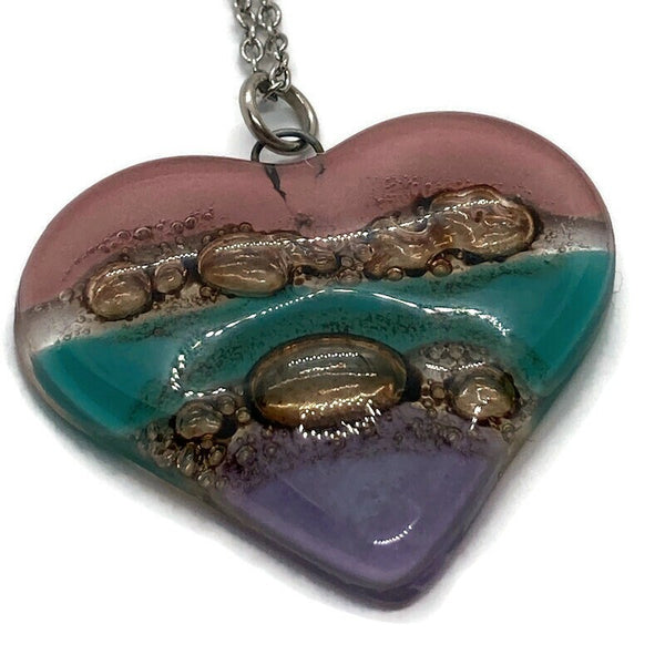 Pink, teal, brown and lilac Heart shape Recycled Fused Glass Necklace limited edition. Heart pendant